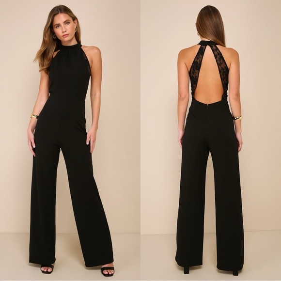 NWOT Lulus Sincerely Lovely Black Backless Embroidered Wide-Leg Jumpsuit - Picture 1 of 10